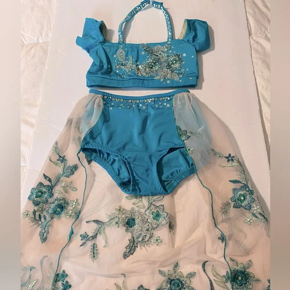 Solo custom dance costume 2 piece teal lyrical  rhinestoned embroidered MC child